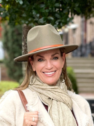 an olive green wide brimmed hat with a tan faux leather band across the top great for fall and winter accessorizing 
