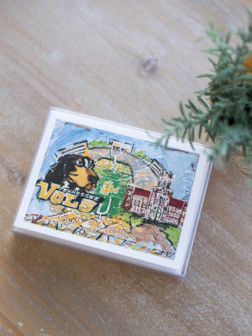 set of nine notecards with envelopes shows Tennessee Vols painting by Heidi Hensley on front and blank inside for custom note