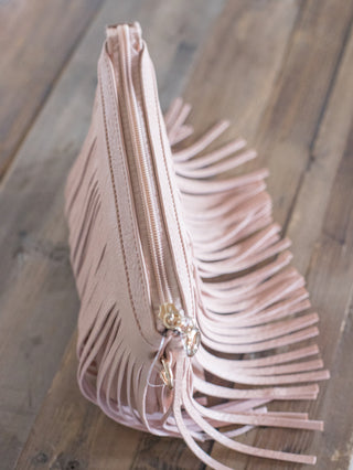 Western-flair-clutch-rose-pink-beige-fringe-tassle-adjustable-strap-zipper-closure-interior-pocket-small-purse-handbag-vegan-leather