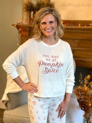 a cozy off white loungewear sweater that reads you had me at pumpkin spice with long sleeves for fall fashion