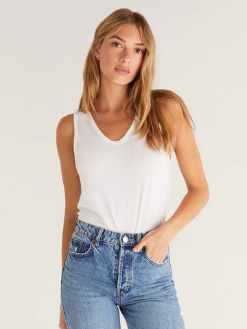 white soft whisper jersey knit v-neck tank top 100% cotton worn with denim jeans